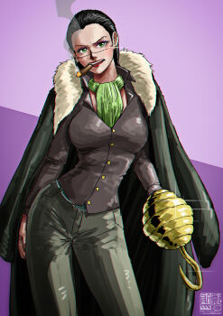 1girl aliasartworks ascot black_coat cigar coat contrapposto cowboy_shot crocodile_(one_piece) earrings fur_collar genderswap genderswap_(mtf) glint green_ascot green_eyes grey_pants grey_shirt hair_slicked_back highres hook_hand jewelry one_piece pants purple_background shirt smoke smoking solo