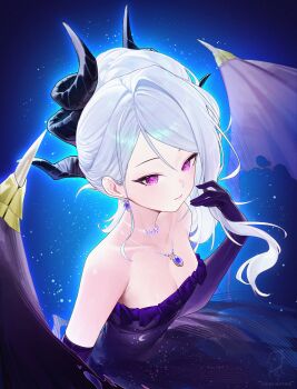 1girl absurdres bare_shoulders black_dress blue_archive breasts cleavage cz_(mikumikumi) demon_horns demon_wings dress earrings elbow_gloves gloves hair_bun highres hina_(blue_archive) hina_(dress)_(blue_archive) horns jewelry long_hair low_wings official_alternate_costume official_alternate_hairstyle purple_eyes purple_gloves small_breasts solo strapless strapless_dress upper_body white_hair wings