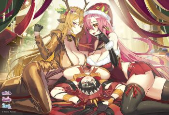 3girls bell black_hair black_thighhighs blonde_hair bodysuit breasts candle christmas cleavage commentary_request cowbell dress hair_ornament hat highres holly_hair_ornament large_breasts looking_at_viewer miniskirt multiple_girls natori_youkai original pink_eyes pink_hair red_skirt santa_costume santa_dress santa_hat skirt smile thighhighs yellow_bodysuit yellow_eyes