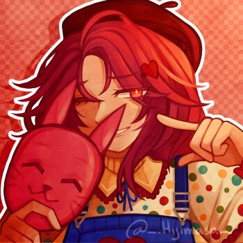 1girl artist_name brown_hat character_request checkered_background commentary_request commission hand_up hat highres hijimasa looking_at_viewer mask multicolored_shirt one_eye_closed orange_background parted_bangs parted_lips pointing pointing_at_self rabbit_mask red_eyes red_hair roblox shirt smile solo spanish_commentary unworn_mask upper_body white_shirt