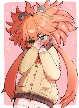 1girl absurdres ahoge animal_ears bear_ears blush commentary_request eyepatch fake_animal_ears gloves hair_between_eyes hair_ornament highres iamrogk koleda_belobog long_hair looking_at_viewer navel red_eyes red_hair solo sphere_hair_ornament twintails zenless_zone_zero