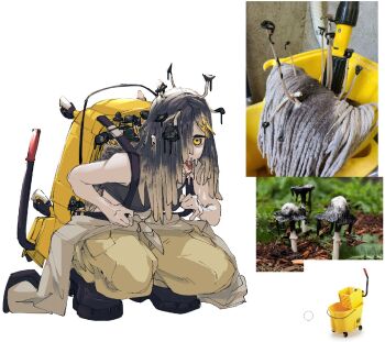 1girl backpack bag black_boots black_hair blonde_hair boots clothes_pin commentary english_commentary hair_over_one_eye long_hair mop multicolored_hair mushroom mushroom_on_head original pants photo-referenced photo_inset rikodamu1 squatting white_background yellow_eyes yellow_pants