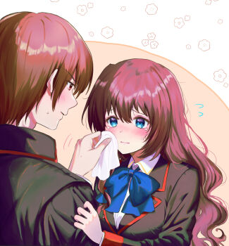 1boy 1girl a-chan_(little_busters!) allergy black_jacket blue_bow blue_bowtie blue_eyes blush bow bowtie brown_hair close-up closed_mouth clothes_grab collared_shirt commentary_request eyelashes flying_sweatdrops frown furrowed_brow hair_between_eyes handkerchief hetero highres holding holding_handkerchief jacket lips little_busters! little_busters!_school_uniform long_hair long_sleeves miiizuno_lbs natsume_kyousuke nose_blush orange_background red_eyes rubbing_eyes school_uniform shirt short_hair shy simple_background sleeve_grab tearing_up two-tone_background v-shaped_eyebrows very_long_hair wavy_hair wavy_mouth white_background white_shirt