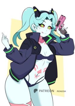 1girl bikini black_bikini black_jacket blue_hair blue_skin breasts collarbone colored_sclera colored_skin cyberpunk:_edgerunners cyberpunk_(series) energy_gun fake_horns green_eyes gun holding holding_gun holding_weapon horns jacket leg_tattoo long_hair long_sleeves looking_at_viewer middle_finger momocka-art navel neck_tattoo open_clothes open_jacket ray_gun rebecca_(cyberpunk) red_sclera small_breasts smile standing stomach_tattoo swimsuit tattoo tongue tongue_out twintails weapon white_background