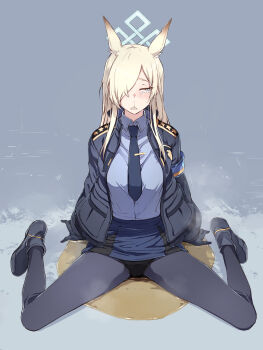 1girl animal_ears armband averting_eyes black_gloves black_jacket black_panties black_pantyhose black_shorts blonde_hair blue_archive blue_armband blue_necktie blue_shirt blue_skirt breasts collared_shirt commentary_request crying crying_with_eyes_open defeat dog_ears dog_girl furrowed_brow gloves grey_background grey_eyes hair_over_one_eye halo highres jacket kanna_(blue_archive) large_breasts long_hair long_sleeves looking_to_the_side necktie one_eye_covered open_clothes open_jacket panties panties_over_pantyhose pantyhose pee peeing peeing_self sharp_teeth shirt shorts sitting skirt solo tears teeth uchiko_onigiri underwear wariza
