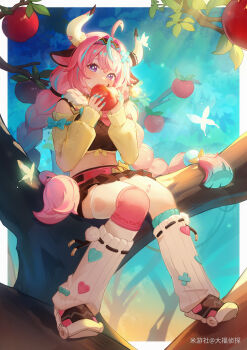 1girl absurdres ahoge animal_ears apple aqua_hair belt black_shorts black_skirt blue_eyes blush bow braid branch bug butterfly cow_ears cow_horns crop_top dafu_zhentan eating food fruit full_body genshin_impact hairband heart highres holding holding_food holding_fruit horns in_tree insect kneehighs leg_warmers long_hair long_sleeves looking_at_viewer midriff miyoushe_watermark multicolored_eyes multicolored_hair nail_polish navel pink_hair purple_eyes shirt shorts sitting sitting_in_tree skirt socks solo streaked_hair thighhighs tree twin_braids varesa_(genshin_impact) very_long_hair watermark