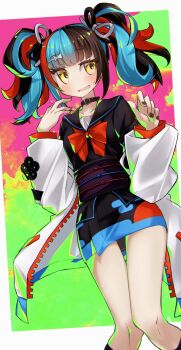 1girl black_hair black_sailor_collar black_shirt black_skirt blue_hair blush breasts choker fate/grand_order fate_(series) highres jacket long_hair long_sleeves looking_at_viewer medium_breasts multicolored_hair obi off_shoulder open_clothes open_jacket open_mouth red_hair sailor_collar sash sei_shounagon_(fate) sei_shounagon_(first_ascension)_(fate) shirt short_sleeves skirt solo thighs twintails white_jacket yellow_eyes yubeshi_(zecxl)