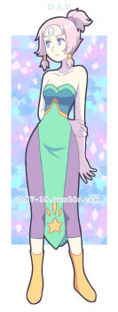 1girl alternate_costume alternate_hairstyle animification blue_eyes bracelet breasts cleavage closed_mouth collarbone cosplay dav-19 dress eyelashes forehead_jewel gem gem_(steven_universe) jewelry leggings low-tied_sidelocks opal_(steven_universe) opal_(steven_universe)_(cosplay) pale_skin pearl_(steven_universe) pearl_bracelet pelvic_curtain pink_hair ponytail purple_leggings self_cosplay short_hair side_slit sidelocks smile solo steven_universe