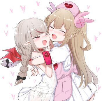 2girls :d apron black_bow blush bow braid cheek-to-cheek closed_eyes crossover dress from_side grey_hair hair_bow hat heads_together heart heart_print highres hug long_hair makaino_ririmu makaino_ririmu_(3rd_costume) multicolored_hair multiple_girls natori_sana natori_sana_(nurse) nijisanji nurse_cap one_eye_closed open_mouth pink_apron puffy_short_sleeves puffy_sleeves red_eyes sana_channel short_sleeves smile streaked_hair twin_braids two_side_up utsusumi_kio virtual_youtuber white_dress wings
