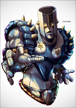 1other armor artist_name closed_mouth diamond_wa_kudakenai jojo_no_kimyou_na_bouken k-suwabe looking_at_viewer no_humans pauldrons shoulder_armor simple_background solo stand_(jojo) the_hand_(stand) white_background yellow_eyes