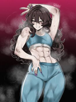 1girl abs absurdres arm_behind_head arm_up armpits artist_name blue_pants blue_sports_bra body_freckles brown_eyes brown_hair commentary curly_hair english_commentary freckles gradient_background gy_beth hand_in_pants highres hip_bones long_hair muscular muscular_female navel nike_(company) original pants purple_nails simple_background solo sports_bra sportswear steaming_body sweatpants tight_clothes tight_pants v