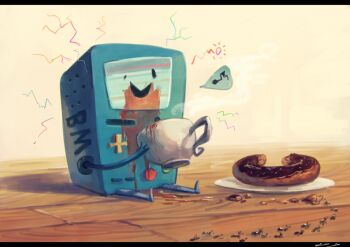 1other adventure_time ant beemo broken_screen bug coffee cup disposable_coffee_cup disposable_cup donut drinking food game_console indoors insect koto_inari letterboxed musical_note no_humans on_table smile static table teemo