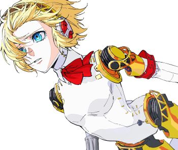 1girl absurdres aigis_(persona) ako_(eanaaati1) android armband blonde_hair blue_eyes bow bowtie breasts commentary_request hairband highres joints leaning_forward parted_lips persona persona_3 red_armband red_bow red_bowtie robot_ears robot_joints s.e.e.s short_hair simple_background small_breasts solo white_background