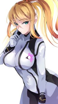 Rule 34 | 1girl, absurdres, blonde hair, bodysuit, breasts, closed mouth, commentary request, covered navel, finger to cheek, green eyes, highres, large breasts, long hair, looking at viewer, metroid, mole, mole under mouth, nintendo, ponytail, samus aran, shikohatsu, simple background, super smash bros., white background, white bodysuit, zero suit