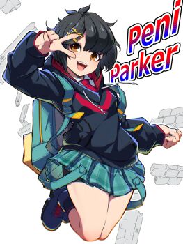1girl backpack bag bare_legs bike_shorts bike_shorts_under_skirt black_hair boots brown_eyes character_name highres hood hoodie jumping looking_at_viewer marvel marvel_tokon:_fighting_souls miniskirt necktie open_mouth pakotaroh peni_parker red_necktie short_hair skirt solo spider-man_(series) teeth thighs upper_teeth_only v v_over_eye