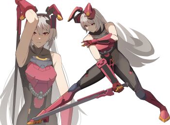 1girl absurdres animal_ears boots collarbone commentary fake_animal_ears gar32 gauntlets girls'_frontline girls'_frontline_2:_exilium grey_hair headgear highres holding holding_sword holding_weapon krolik_(girls'_frontline_2) leotard long_hair mechanical_ears multiple_views playboy_bunny rabbit_ears red_eyes strapless strapless_leotard sword tactical_playboy_bunny thigh_boots very_long_hair weapon