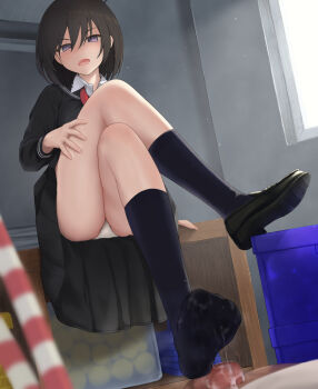 1boy 1girl after_ejaculation black_hair black_sailor_collar black_shirt black_shoes black_skirt blue_socks blurry blurry_foreground censored collared_shirt commission crossed_legs cum cum_on_body cum_on_feet cum_string feet footjob footjob_with_legwear hair_between_eyes hetero indoors legs loafers long_sleeves looking_at_viewer maa_(maa1) medium_hair mosaic_censoring neckerchief open_mouth original out_of_frame panties penis pixiv_commission pleated_skirt purple_eyes red_neckerchief sailor_collar school_uniform serafuku shirt shoes single_shoe sitting skirt socks stepped_on thighs toe_seam toes underwear variant_set white_panties