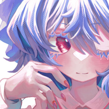 Rule 34 | 1girl, blue hair, closed mouth, collared shirt, commentary request, fingernails, hand up, looking at viewer, lowres, melanin shikiso, one eye closed, pink shirt, portrait, red eyes, red nails, remilia scarlet, shirt, simple background, smile, solo, touhou, white background