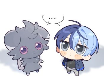 Rule 34 | ..., 1boy, :|, aoyagi touya, arms at sides, blue hair, blue jacket, chibi, closed mouth, commentary, crossover, dot nose, english commentary, espurr, from above, full body, gen 6 pokemon, grey eyes, grey pants, hair between eyes, jacket, long sleeves, mole, mole under eye, multicolored hair, nemururin, nintendo, open clothes, open jacket, pants, pokemon, pokemon (creature), project sekai, short hair, simple background, split-color hair, spoken ellipsis, standing, torn clothes, torn pants, white background
