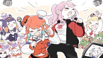 Rule 34 | 5girls, :3, :d, ^ ^, beret, black collar, black jacket, black pants, blonde hair, blue hair, blue hoodie, blush stickers, brown headwear, brown jacket, brown wrist cuffs, bubba (watson amelia), chef hat, choker, clenched hand, closed eyes, collar, crop top, deadbeat (mori calliope), deerstalker, detached sleeves, dress, ebi-chan (gawr gura), fur-trimmed collar, fur trim, gawr gura, gawr gura (1st costume), gloves, glowstick, green choker, green hair, halo, hat, headpiece, holding, holding glowstick, holding microphone, hololive, hololive english, holomyth, hood, hoodie, investigator (watson amelia), jacket, karaoke, kfp employee (takanashi kiara), long hair, medium hair, microphone, mini chef hat, mini hat, mori calliope, mori calliope (streetwear), multicolored hair, multicolored jacket, multiple girls, multiple hats, music, navel, necktie, ninomae ina'nis, ninomae ina'nis (1st costume), open mouth, orange hair, orange headwear, orange skirt, orange vest, orange wrist cuffs, pants, pink hair, ponytail, purple dress, purple gloves, purple hair, red necktie, red sleeves, ribbed sleeves, shirt, sidelocks, singing, sitting, sitting on head, sitting on person, skirt, skull and crossbones, smile, takanashi kiara, takanashi kiara (1st costume), takodachi (ninomae ina'nis), tentacle hair, track suit, two-tone hair, two-tone jacket, two side up, vest, virtual youtuber, watson amelia, watson amelia (1st costume), white headwear, white shirt, white sleeves, wrist cuffs, yuuyu (777)