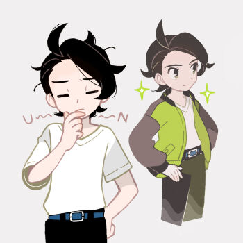 1boy belt black_eyes black_hair black_pants blue_belt closed_eyes cropped_legs green_jacket grey_background hands_on_own_hips highres jacket male_focus multiple_views nintendo pants paxton_(pokemon) pokemon pokemon_legends:_z-a shirt short_hair simple_background tanba_(tanba-art) thinking white_shirt