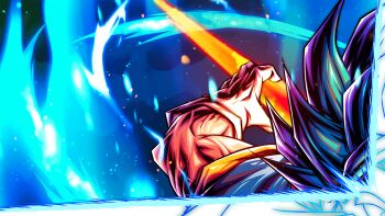 Rule 34 | 1boy, arm blade, aura, blue hair, dragon ball, dragon ball super, energy sword, highres, male focus, medium hair, ricoxhetgfx, solo, spiked hair, sword, thumbnail collage, vegetto, weapon