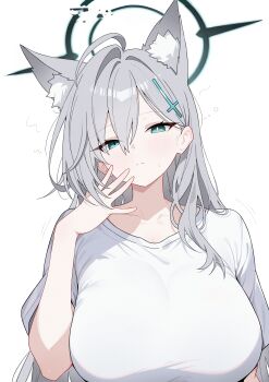 1girl absurdres alternate_costume animal_ear_fluff animal_ears blue_archive blue_eyes breasts broken_halo chinese_commentary closed_mouth commentary_request cross cross_hair_ornament dark_halo extra_ears grey_hair hair_between_eyes hair_ornament halo highres inverted_cross large_breasts long_hair looking_at_viewer shiroko_terror_(blue_archive) shirt simple_background solo upper_body white_background white_shirt wolf_ears wolf_girl xingyun_fankic
