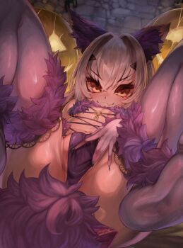 1girl animal_ears bare_shoulders black_panties blush breasts cosplay elbow_gloves fate/grand_order fate_(series) forked_eyebrows fur-trimmed_gloves fur-trimmed_thighhighs fur_collar fur_trim gloves highres lace lace-trimmed_thighhighs lace_trim long_hair looking_at_viewer lying m0_chi mash_kyrielight mash_kyrielight_(dangerous_beast) mash_kyrielight_(dangerous_beast)_(cosplay) melusine_(fate) navel o-ring on_back panties purple_gloves purple_thighhighs revealing_clothes sidelocks small_breasts smile solo spread_legs spread_pussy spread_pussy_under_clothes tail thighhighs thighs underwear white_hair wolf_ears wolf_tail yellow_eyes