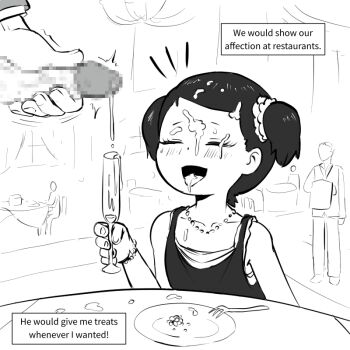 1boy 1girl age_difference becky_blackbell closed_eyes cum cum_in_container cum_in_mouth cum_on_body dress facial female_focus fork formal_clothes hair_ornament hairclip hetero jewelry loli male_masturbation masturbation medium_hair necklace penis plate powerofsin public_indecency restaurant solo_focus spy_x_family table twintails