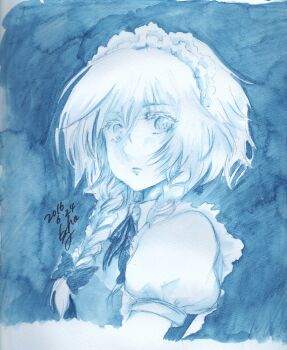 1girl absurdres blue_theme braid closed_mouth collared_shirt colored_pencil_(medium) commentary_request dated dress highres izayoi_sakuya long_hair looking_at_viewer maid maid_headdress neck_ribbon painting_(medium) puffy_short_sleeves puffy_sleeves ribbon shirt short_sleeves signature solo touhou traditional_media twin_braids watercolor_(medium) yuzuha_(yuzutime)
