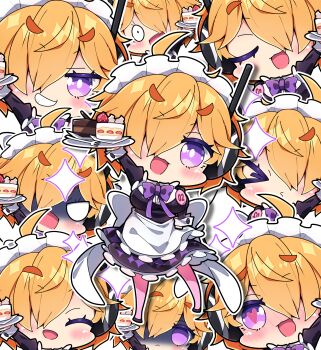 >_< 1girl :< :3 :d ^_^ absurdres ahoge alternate_costume apron arm_up black_dress black_shoes blush bow bowtie breasts bright_pupils brown_hair cake cake_slice chibi chibi_only chocolate_cake closed_eyes closed_mouth commentary dress drop_shadow enmaided food fork formal_clothes frilled_apron frilled_dress frills fruit full_body grin hair_over_one_eye heart heart-shaped_pupils highres holding holding_plate holding_tray juliet_sleeves large_breasts long_sleeves looking_at_viewer maid maid_headdress milkpanda multiple_views o3o one_piece open_mouth orange_hair outline pantyhose pink_pantyhose plate puffy_sleeves purple_bow purple_bowtie purple_eyes shoes short_eyebrows short_hair smile sparkle standing strawberry symbol-shaped_pupils thick_eyebrows tray turn_pale v-shaped_eyes vegapunk_lilith white_apron white_outline white_pupils