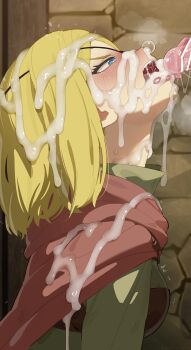 1boy 1girl absurdres after_fellatio alicia_glenfall blonde_hair blush breasts cape clevatess:_majuu_no_ou_to_akago_to_shikabane_no_yuusha cum cum_in_mouth cum_on_body cum_on_clothes cum_on_hair cum_on_tongue facial green_shirt hetero highres long_sleeves medium_breasts mizumizuni red_cape shirt short_hair solo_focus sweat