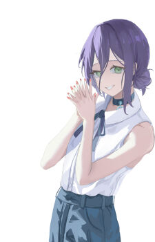1girl absurdres black_choker black_ribbon blue_shorts chainsaw_man chinese_commentary choker collared_shirt commentary dlfgan_z green_eyes grenade_pin hair_between_eyes hair_bun highres looking_at_viewer neck_ribbon purple_hair red_nails reze_(chainsaw_man) ribbon shirt shorts simple_background sleeveless sleeveless_shirt solo teeth white_background white_shirt