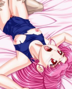 1990s_(style) apple_pie_(artist) bishoujo_senshi_sailor_moon blood breasts chibi_usa defloration loli nipples one-piece_swimsuit pink_hair red_eyes retro_artstyle sailor_chibi_moon swimsuit torn_clothes