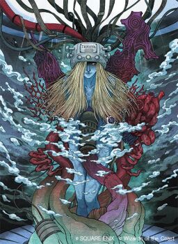 1girl blonde_hair blue_skin colored_skin copyright_notice final_fantasy final_fantasy_vii hair_over_breasts jenova ka6_ka7 looking_at_viewer magic:_the_gathering official_art partially_shaded_face solo stasis_tank wire