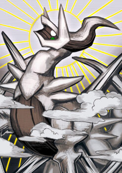 arceus blank_eyes cloud ezgk385 gen_4_pokemon grey_background halo halo_behind_head horns legendary_pokemon mythical_pokemon nintendo no_humans pokemon pokemon_(creature) pokemon_focus solo sunburst