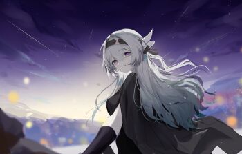 1girl absurdres bow cape firefly_(honkai:_star_rail) from_behind hair_between_eyes hair_intakes hair_ribbon hairband he_yue highres honkai:_star_rail honkai_(series) long_hair looking_at_viewer looking_back outdoors parted_lips purple_eyes ribbon sidelocks sky smile solo sunset teeth white_hair