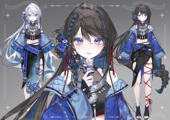 1girl absurdres animal_print animated bare_shoulders bell bell_earrings belt black_belt black_boots black_gloves black_shirt black_skirt blue_eyes blue_hair blue_jacket blue_skirt boots bow braid brown_hair butterfly_print closed_mouth collarbone collared_jacket commission crop_top crossed_belts dot_nose earrings eyelashes fingerless_gloves full_body gloves gradient_background gradient_clothes gradient_skirt grey_background hair_between_eyes hair_bow hair_bun hair_ribbon halter_shirt halterneck happy hashtag-only_commentary highres holding holding_microphone jacket jewelry leg_ribbon light_blush lipstick live2d long_hair low-tied_long_hair makeup medium_skirt microphone mole mole_under_eye multicolored_hair multiple_belts multiple_braids multiple_views necklace open-toe_boots open_clothes open_jacket original pelvic_curtain picture_frame pink_lips print_skirt red_ribbon ribbon shanwenyufan shirt side_braid side_slit simple_background single_earring single_side_bun skirt smile sparkle standing straight-on streaked_hair tassel tassel_earrings toes torn_clothes torn_skirt two-sided_fabric two-sided_skirt two-tone_hair two-tone_skirt upper_body very_long_hair virtual_youtuber