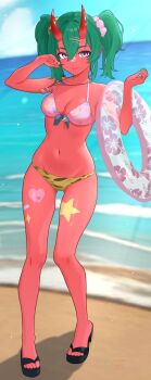 Rule 34 | 1girl, absurdres, bandaid, bandaid on face, bandaid on nose, beach, bikini, black sandals, breasts, closed mouth, colored skin, demon horns, fortnite, full body, futatunoniji, green hair, hair ornament, halterneck, hashtag-only commentary, highres, holding, holding swim ring, horns, innertube, jewelry, long hair, medium breasts, navel, necklace, nemia (fortnite), ocean, pink bikini, pink eyes, red skin, sandals, smile, solo, stomach, string bikini, swim ring, swimsuit, twintails