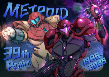 Rule 34 | 1986, 1girl, 2025, anniversary, arm cannon, armor, artist name, assault visor, blue visor, border, commentary request, copyright name, dual persona, full armor, helmet, highres, light particles, metroid, metroid (classic), metroid prime 4: beyond, nintendo, normal suit (metroid), power suit (metroid), purple visor, samus aran, science fiction, signature, upper body, vi-o-la suit, wakaba (wata ridley), watermark, weapon