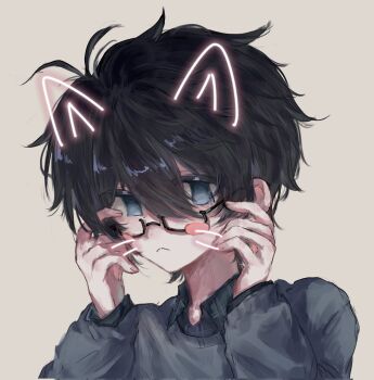 1boy akinashi_haru black_hair blue_eyes blue_shirt blush_stickers casual commentary drawn_ears drawn_whiskers glasses guzi15613491 highres male_focus portrait saihate_eki shirt simple_background solo symbol-only_commentary