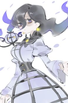 1girl black_corset black_hair black_ribbon breasts chandelier chandelure corset dress earrings gen_5_pokemon ghost grey_dress hair_between_eyes hex_maniac_(pokemon) hex_maniac_(pokemon_legends:_z-a) high_collar jewelry juliet_sleeves large_breasts long_hair long_sleeves medium_breasts neck_ribbon nintendo pokemon pokemon_(creature) pokemon_legends:_z-a puffy_sleeves purple_eyes raine_(acke2445) ribbon sphere_earrings striped_clothes striped_dress