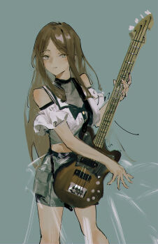 1girl absurdres bang_dream! bang_dream!_it&#039;s_mygo!!!!! bass_guitar blue_background blue_eyes brown_hair clothing_cutout esp_guitars grey_shorts highres instrument lemtun long_hair looking_at_viewer music nagasaki_soyo parted_lips playing_bass_guitar playing_instrument shirt shorts shoulder_cutout simple_background smile solo white_shirt