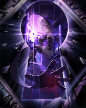 1girl absurdres bare_shoulders boots brown_hair commentary detached_sleeves dress english_commentary glowing hat herta_(honkai:_star_rail) high_heel_boots high_heels highres honkai:_star_rail honkai_(series) keyhole long_hair looking_at_viewer mirror pantyhose purple_eyes reaching reaching_towards_viewer shards sitting smile star_(sky) tem the_herta_(honkai:_star_rail) very_long_hair witch_hat