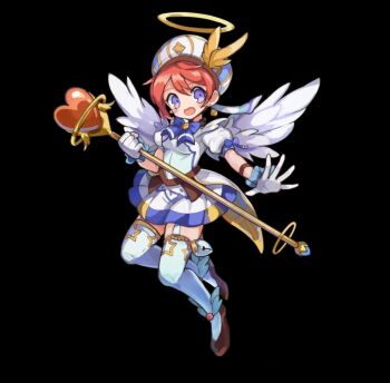 1girl angel angel_wings belt black_background blue_bow blue_bowtie blush_stickers bow bowtie breasts brown_belt brown_hair brown_shoes dress eila_(merc_storia) feathered_wings flats full_body garter_straps gloves hair_between_eyes halo hat holding holding_staff large_breasts merc_storia merc_storia_art_team official_art open_hand open_mouth outstretched_arm puffy_short_sleeves puffy_sleeves purple_eyes shoes short_dress short_hair short_sleeves sidelocks simple_background solo spread_fingers staff tachi-e thighhighs thighs white_dress white_gloves white_hat white_thighhighs white_wings wings