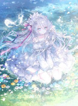 1girl bare_shoulders blue_eyes collarbone commentary commentary_request day dress english_commentary flower frilled_dress frills full_body grass grey_hair hair_ribbon highres long_hair long_sleeves off-shoulder_dress off_shoulder onineko original outdoors parted_lips red_ribbon ribbon sitting solo very_long_hair white_dress