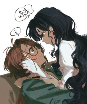 2girls :3 ? absurdres black_hair blush brown_eyes brown_hair cat commentary_request dress eye_contact glasses green_dress hand_on_another's_face highres isolde_(reverse:1999) juliet_sleeves kakania_(reverse:1999) kani_(kaniya) long_hair long_sleeves looking_at_another multiple_girls parted_lips puffy_sleeves purple_eyes reverse:1999 shirt simple_background smile speech_bubble spoken_question_mark thought_bubble white_background white_shirt yuri