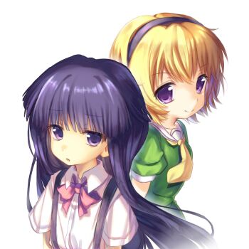 2girls black_hairband blonde_hair blue_hair blunt_bangs bow closed_mouth commentary dress furude_rika green_dress hairband highres higurashi_no_naku_koro_ni hime_cut houjou_satoko light_smile long_hair looking_at_viewer multiple_girls neckerchief nepunepu purple_eyes sailor_collar shirt short_hair simple_background skirt smile suspender_skirt suspenders symbol-only_commentary upper_body white_background white_sailor_collar white_shirt worried yellow_neckerchief