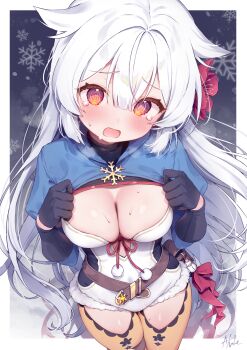 1girl @_@ absurdres animal_ears artist_name belt belt_pouch black_gloves blush border breasts breath brown_belt charm_(object) cleavage clothing_cutout commentary_request e-note flower fur-trimmed_leotard fur_trim fuyuka_(stella_sora) gloves grey_background hair_between_eyes hair_flower hair_ornament hands_on_own_chest hands_up highres leotard long_hair long_sleeves looking_at_viewer medium_breasts open_mouth orange_eyes pantyhose pantyhose_cutout pom_pom_(clothes) pouch shrug_(clothing) sidelocks snow snowflake_ornament snowflakes snowing snowman solo standing stella_sora tearing_up thighs very_long_hair white_border white_hair