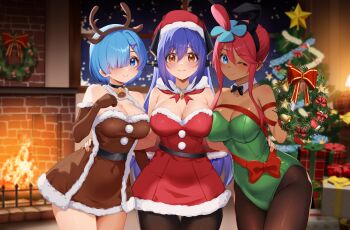 3girls 4ddd absurdres animal_costume antlers black_pantyhose blue_eyes blue_hair breasts brown_eyes christmas christmas_present christmas_tree christmas_wreath cleavage commentary commission crossover detached_collar detached_sleeves elbow_gloves english_commentary fire fireplace gift gloves hair_over_one_eye hat highres horns indoors large_breasts leotard looking_at_viewer multiple_girls nintendo one_eye_closed pantyhose pixiv_commission playboy_bunny pokemon pokemon_bw poppi_(xenoblade) poppi_qtpi_(xenoblade) re:zero_kara_hajimeru_isekai_seikatsu red_hair reindeer_antlers reindeer_costume rem_(re:zero) santa_costume santa_hat skyla_(pokemon) smile standing strapless strapless_leotard window wreath xenoblade_chronicles_(series) xenoblade_chronicles_2